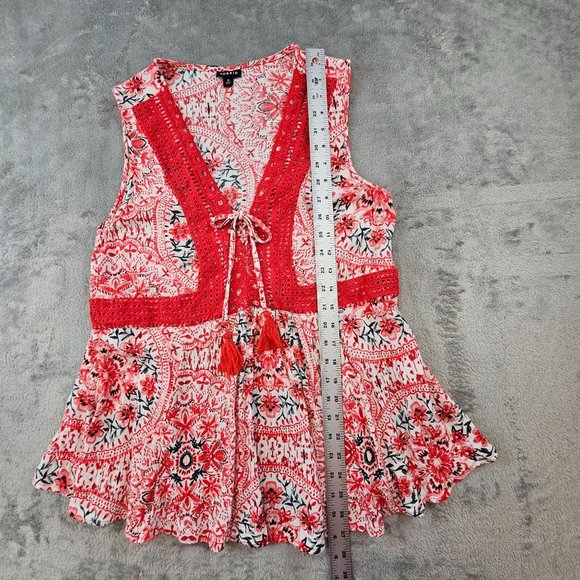 Torrid Top Women's‎ 0/L Multicolor Babydoll Crinkle Gauze Crochet Inset Lace-Up - Picture 7 of 10